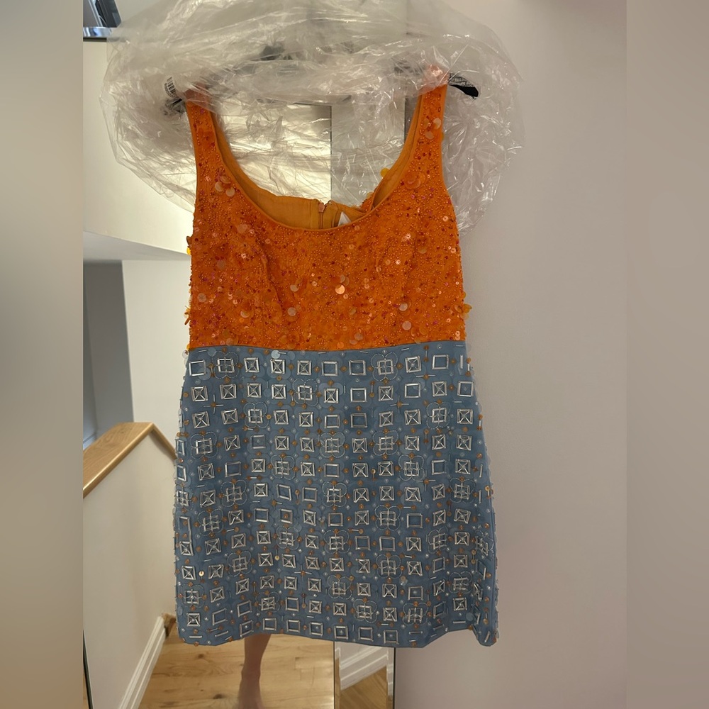 Des Phemmes Orange and Blue Sequin Mini Dress NWT